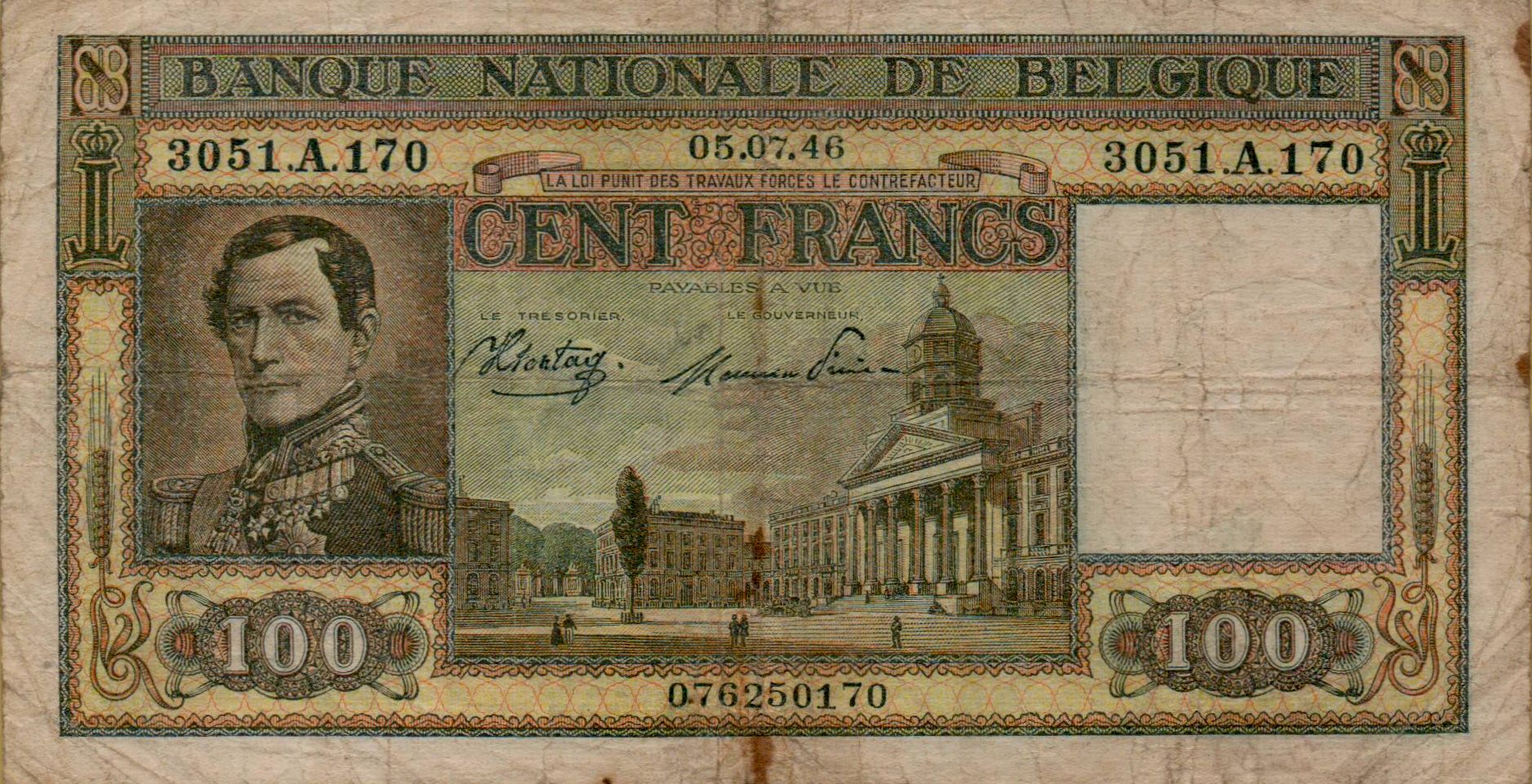 Belgium 100 1946 VF P-126/1